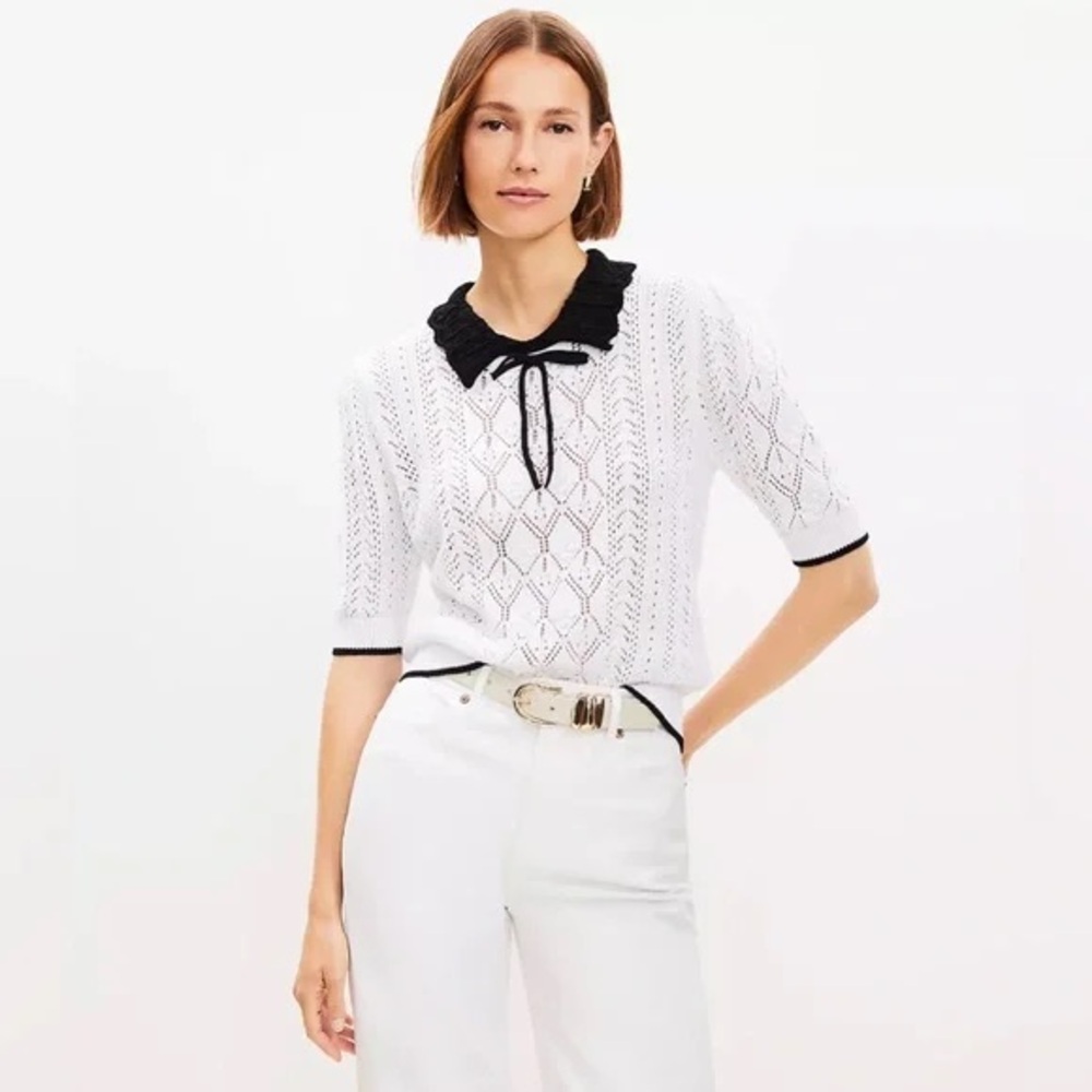 Loft Elegant White Lace Knit Top with Black Accents